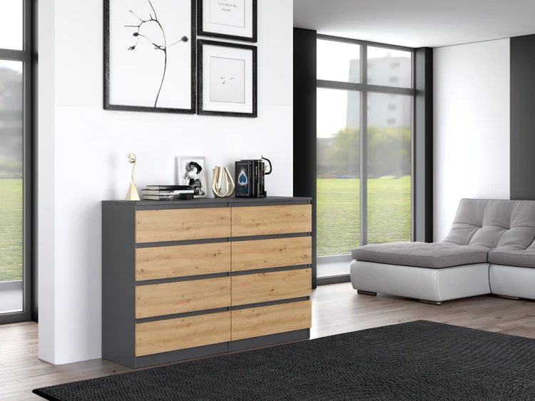Komoda Malwa M8 140 cm z szufladami do salonu antracyt/dąb artisan