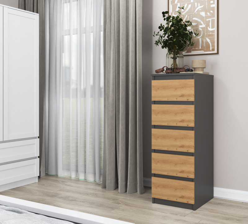 Komoda Malwa W5 wysoka z szufladami do salonu 40 cm antracyt/dąb artisan