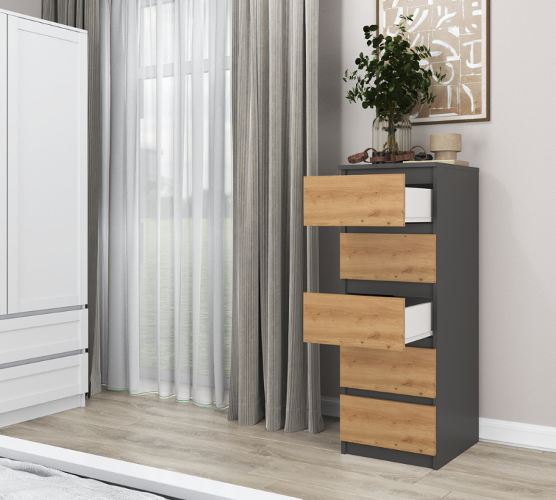 Komoda Malwa W5 wysoka z szufladami do salonu 40 cm antracyt/dąb artisan