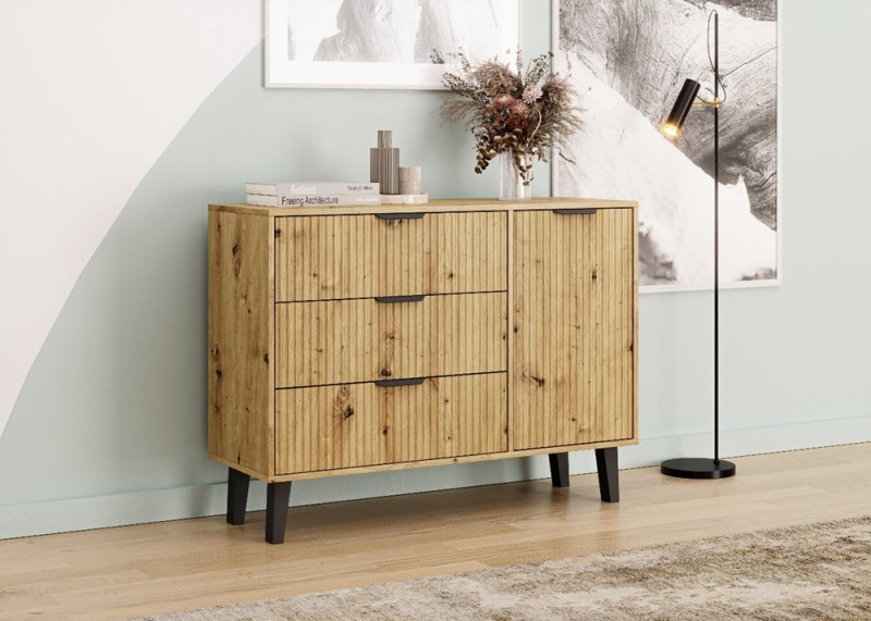 Komoda Scandi 1D3S Slim z szufladami i ryflowanymi frontami do salonu 110 cm dąb artisan