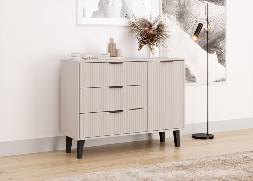 Komoda Scandi 1D3S Slim z szufladami i ryflowanymi frontami do salonu 110 cm kaszmir