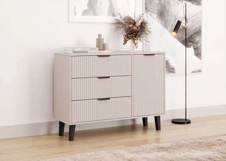 Komoda Scandi 1D3S Slim z szufladami i ryflowanymi frontami do salonu 110 cm kaszmir