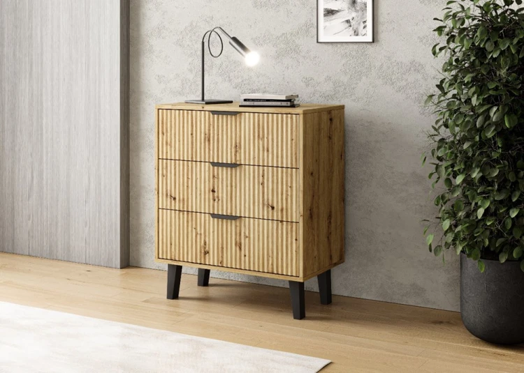 Komoda Scandi 3S Slim z szufladami i ryflowanymi frontami do salonu 70 cm dąb artisan