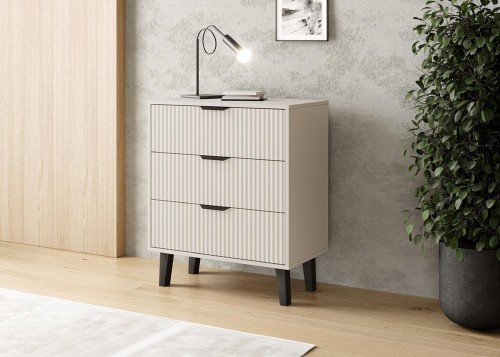 Komoda Scandi 3S Slim z szufladami i ryflowanymi frontami do salonu 70 cm kaszmir