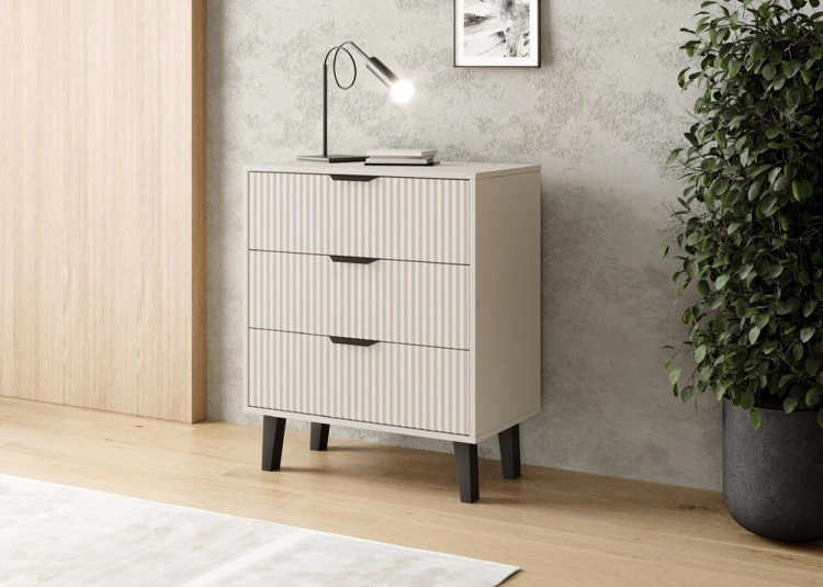 Komoda Scandi 3S Slim z szufladami i ryflowanymi frontami do salonu 70 cm kaszmir