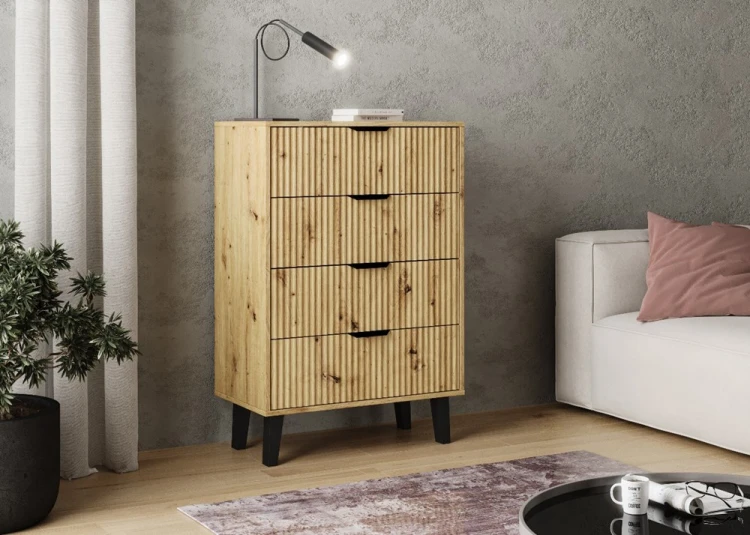 Komoda Scandi 4S Slim z szufladami i ryflowanymi frontami do salonu 70 cm dąb artisan