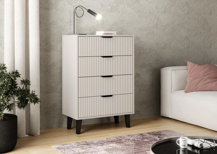 Komoda Scandi 4S Slim z szufladami i ryflowanymi frontami do salonu 70 cm kaszmir