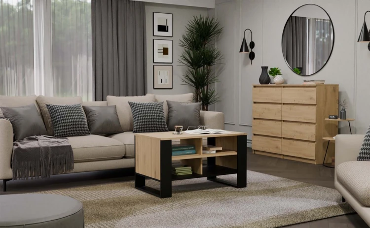 Stolik kawowy Modern 4P Slim prostokątny z półkami 90 cm dąb artisan/czarny