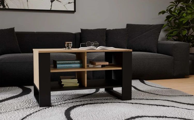 Stolik kawowy Modern 4P Slim prostokątny z półkami 90 cm dąb artisan/czarny