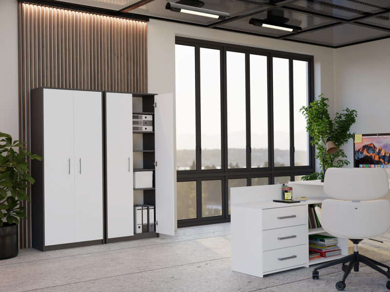 Regał biurowy Oliv 2D zamykany z półkami nowoczesny 74 cm antracyt/biały