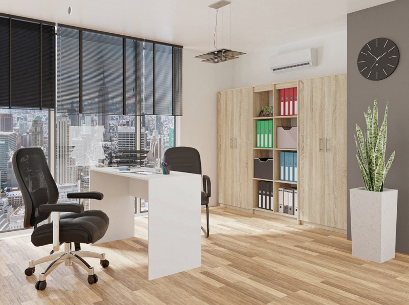 Regał biurowy Oliv 2D zamykany z półkami nowoczesny 74 cm dąb sonoma