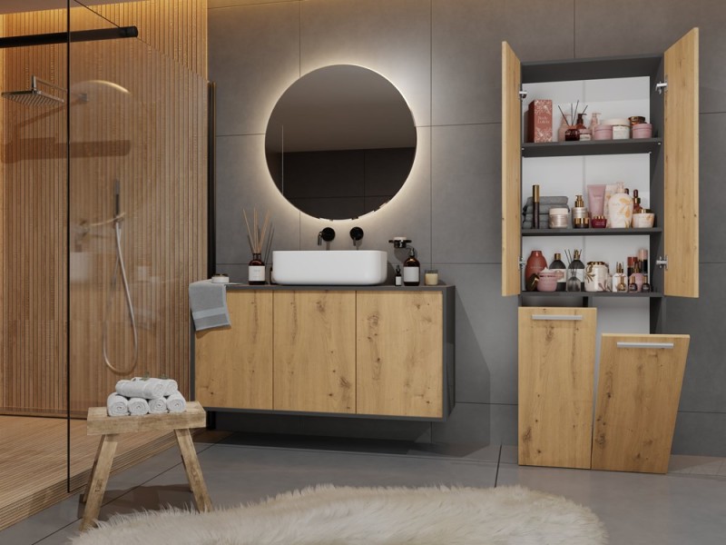 Szafka łazienkowa Nel DD-1K stojąca z koszem na pranie 60 cm antracyt/dąb artisan