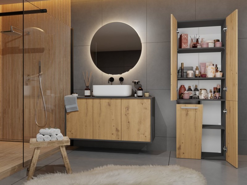 Szafka łazienkowa Nel DD-1K stojąca z koszem na pranie 60 cm antracyt/dąb artisan