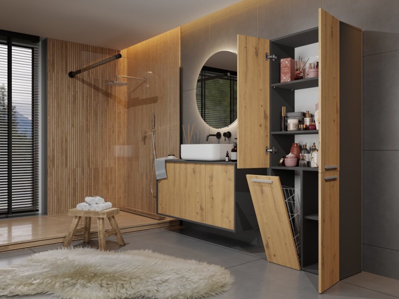 Szafka łazienkowa Nel DD-1K stojąca z koszem na pranie 60 cm antracyt/dąb artisan