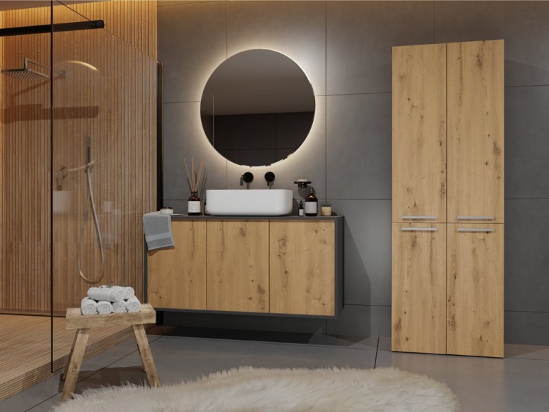 Szafka łazienkowa Nel DD-1K stojąca z koszem na pranie 60 cm antracyt/dąb artisan