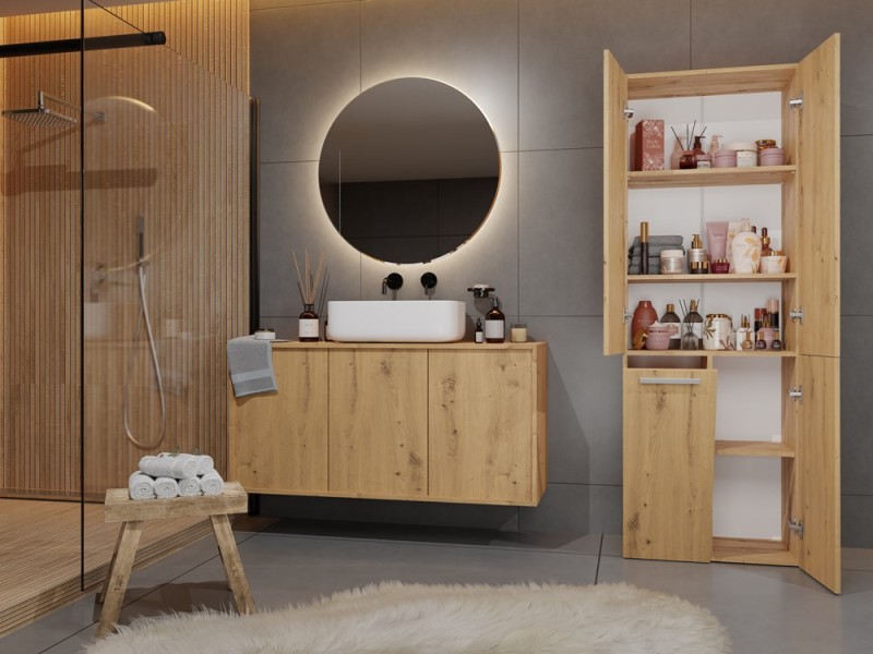 Szafka łazienkowa Nel DD-1K stojąca z koszem na pranie 60 cm dąb artisan