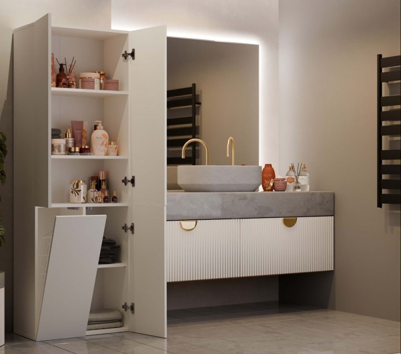 Szafka łazienkowa Nel DD-1K stojąca z koszem na pranie 60 cm kaszmir