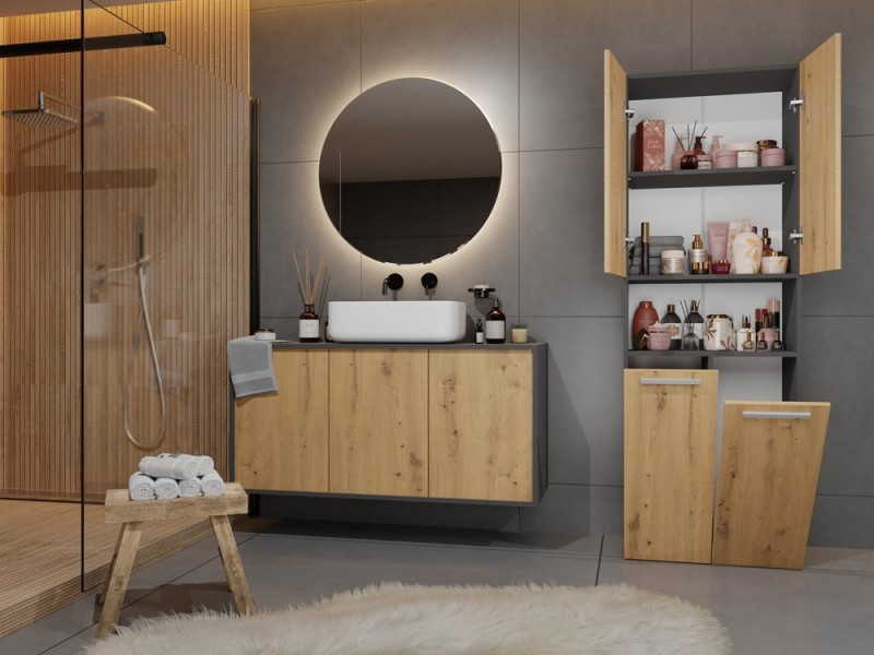 Szafka łazienkowa Nel DK-2K stojąca z koszami na pranie 60 cm antracyt/dąb artisan