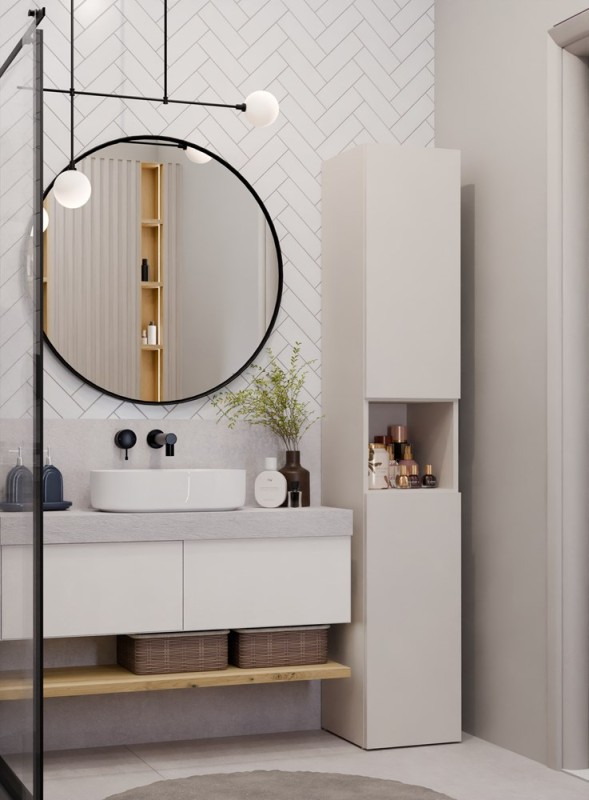 Szafka łazienkowa Nel III stojąca słupek z koszem na pranie 31 cm kaszmir