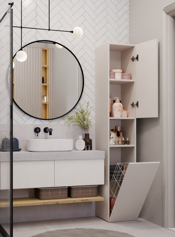 Szafka łazienkowa Nel III stojąca słupek z koszem na pranie 31 cm kaszmir