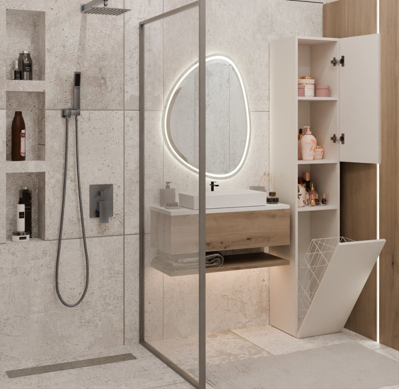 Szafka łazienkowa Nel III stojąca słupek z koszem na pranie 31 cm kaszmir