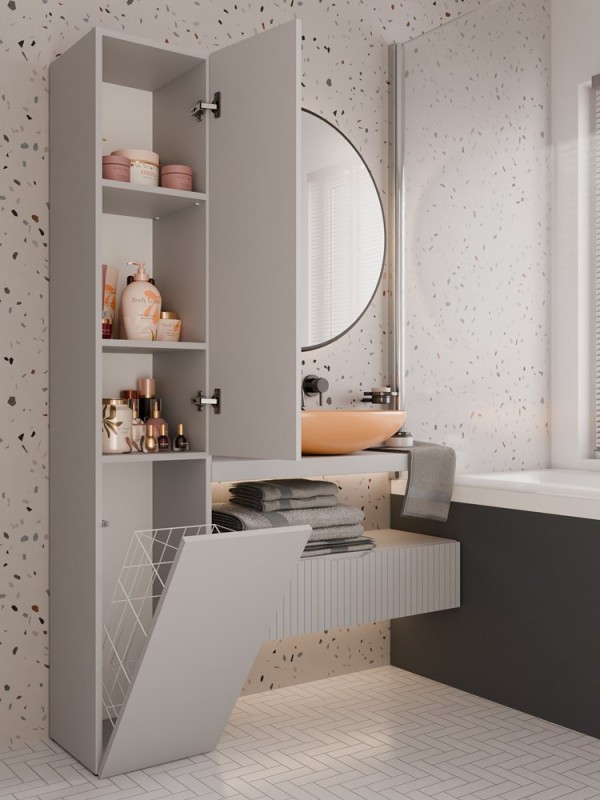 Szafka łazienkowa Nel IV stojąca słupek z koszem na pranie 31 cm kaszmir