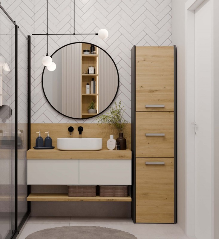 Szafka łazienkowa Sara S43 stojąca wąski słupek 40 cm antracyt/dąb artisan