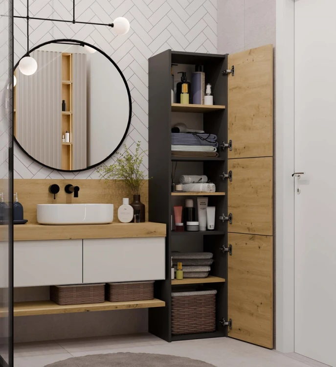 Szafka łazienkowa Sara S43 stojąca wąski słupek 40 cm antracyt/dąb artisan