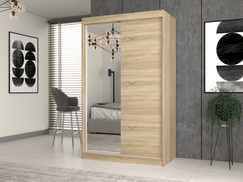 Szafa przesuwna Iga z lustrem i szprosami do sypialni 120 cm dąb sonoma