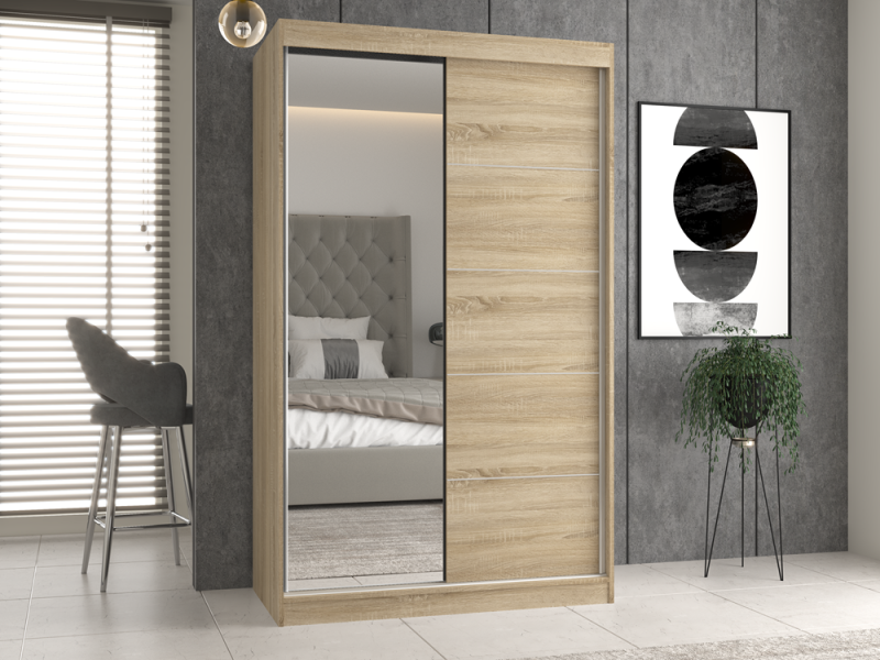 Szafa przesuwna Iga z lustrem i szprosami do sypialni 120 cm dąb sonoma