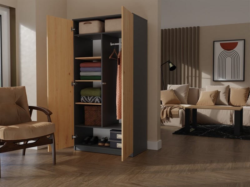 Szafa Malwa SD-90 dwudrzwiowa z półkami 90 cm antracyt/dąb artisan