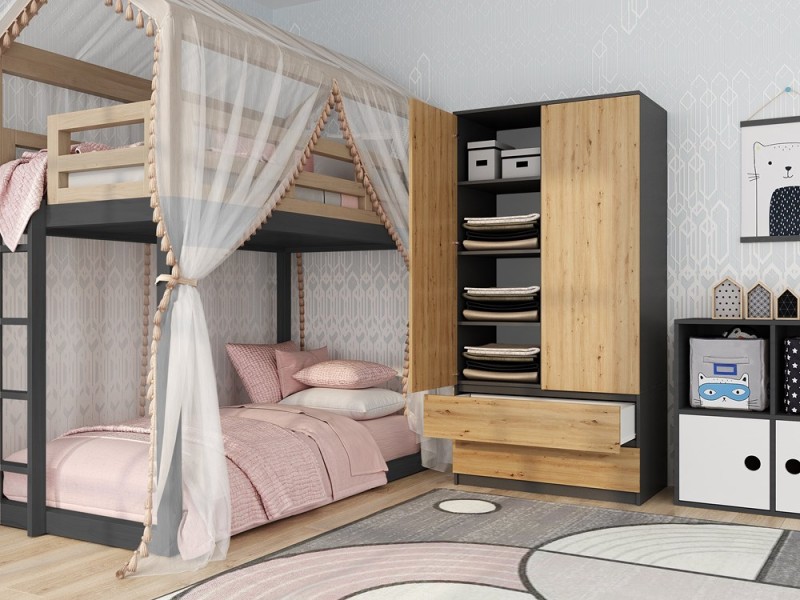 Szafa Malwa SS-90 dwudrzwiowa z szufladami 90 cm antracyt/dąb artisan