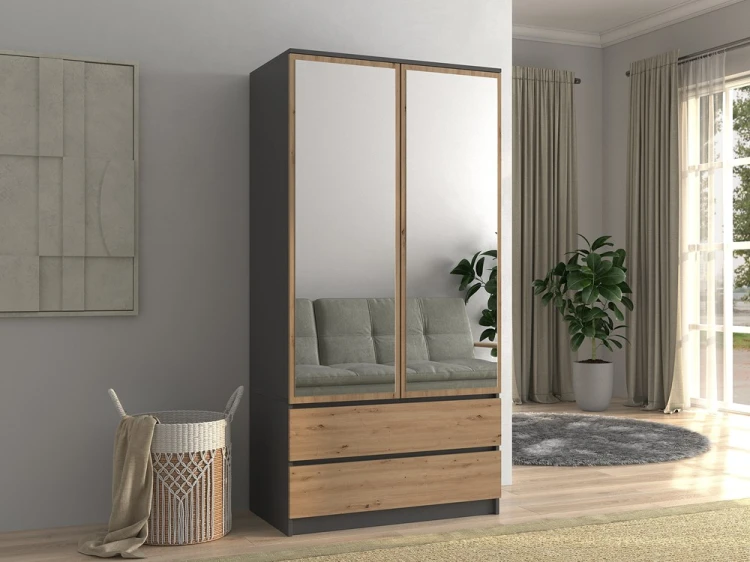 Szafa Malwa SS-90L dwudrzwiowa z szufladami i lustrem 90 cm antracyt/dąb artisan