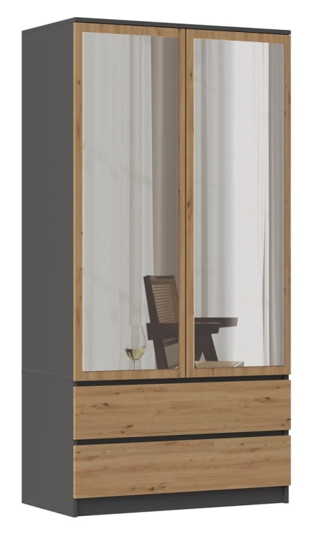 Szafa Malwa SS-90L dwudrzwiowa z szufladami i lustrem 90 cm antracyt/dąb artisan