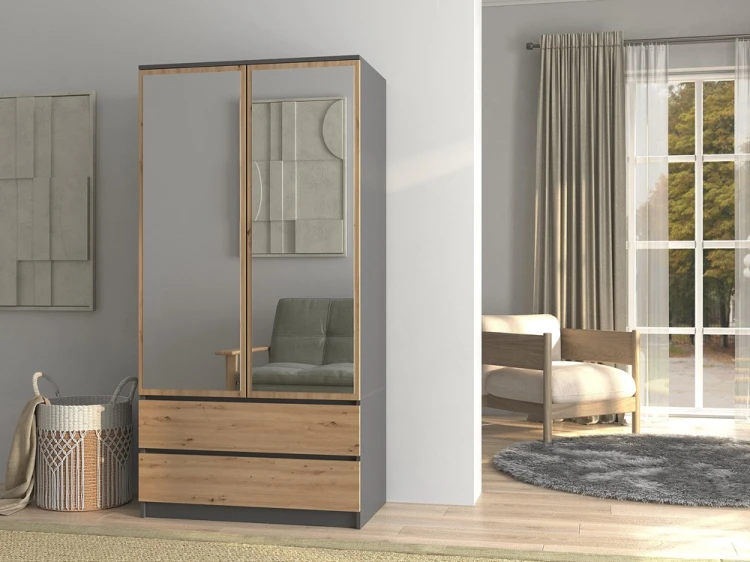 Szafa Malwa SS-90L dwudrzwiowa z szufladami i lustrem 90 cm antracyt/dąb artisan