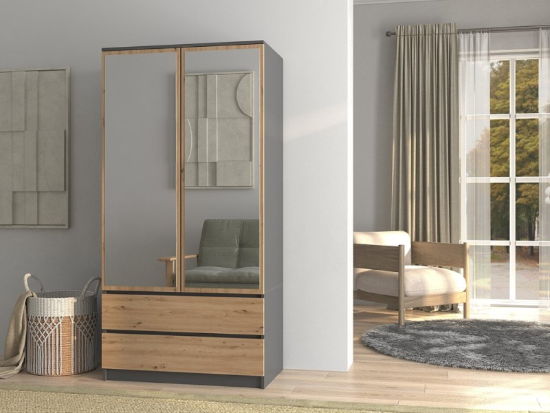 Szafa Malwa SS-90L dwudrzwiowa z szufladami i lustrem 90 cm antracyt/dąb artisan