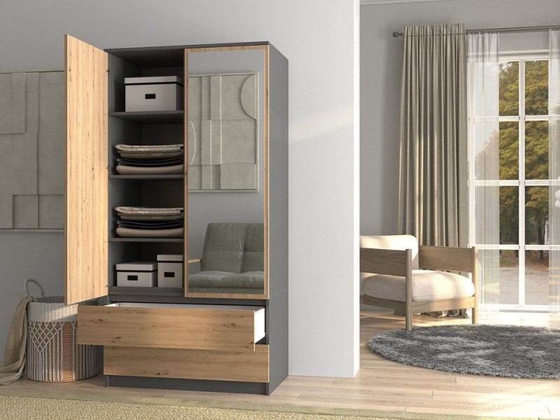 Szafa Malwa SS-90L dwudrzwiowa z szufladami i lustrem 90 cm antracyt/dąb artisan