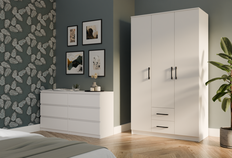 Szafa trzydrzwiowa Romana z szufladami do sypialni 120 cm biała