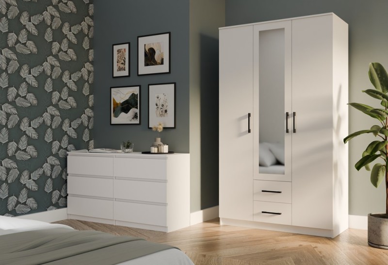 Szafa trzydrzwiowa Romana z lustrem i szufladami do sypialni 120 cm biała