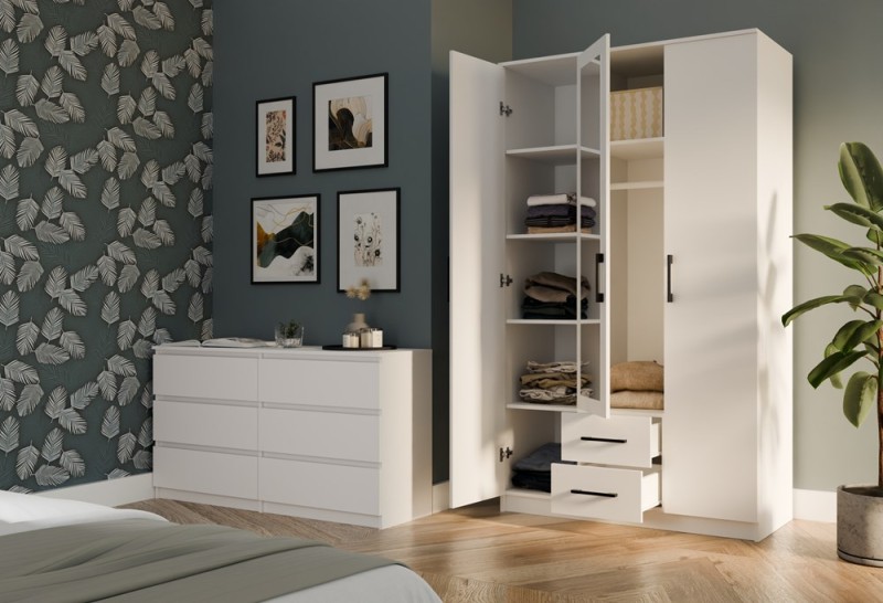 Szafa trzydrzwiowa Romana z lustrem i szufladami do sypialni 120 cm biała