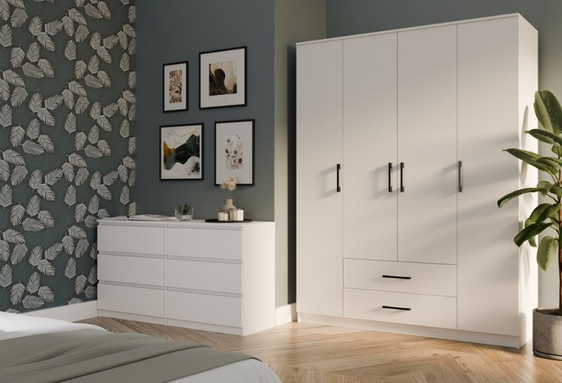 Szafa czterodrzwiowa Romana z szufladami do sypialni 160 cm biała