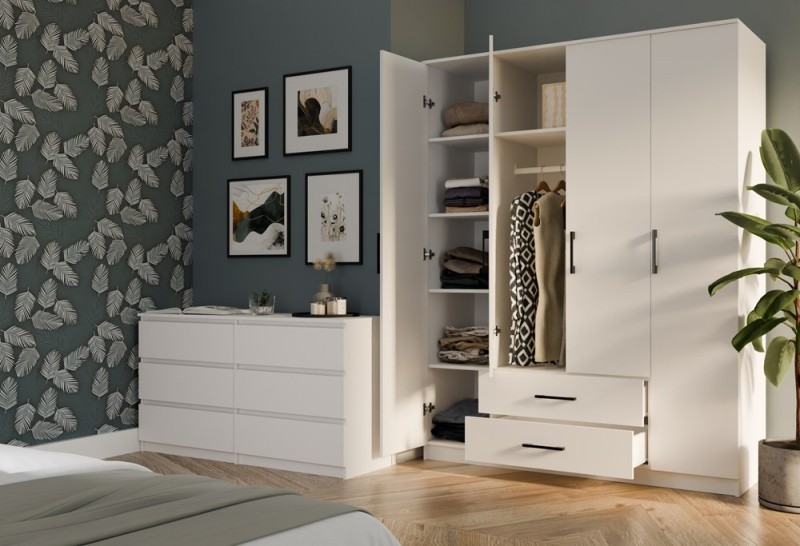 Szafa czterodrzwiowa Romana z szufladami do sypialni 160 cm biała