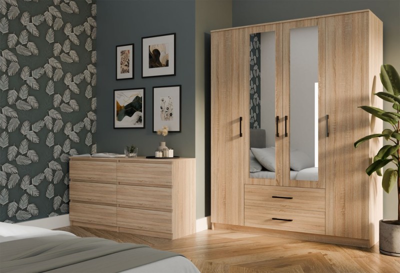 Szafa czterodrzwiowa Romana z lustrem i szufladami do sypialni 160 cm dąb sonoma