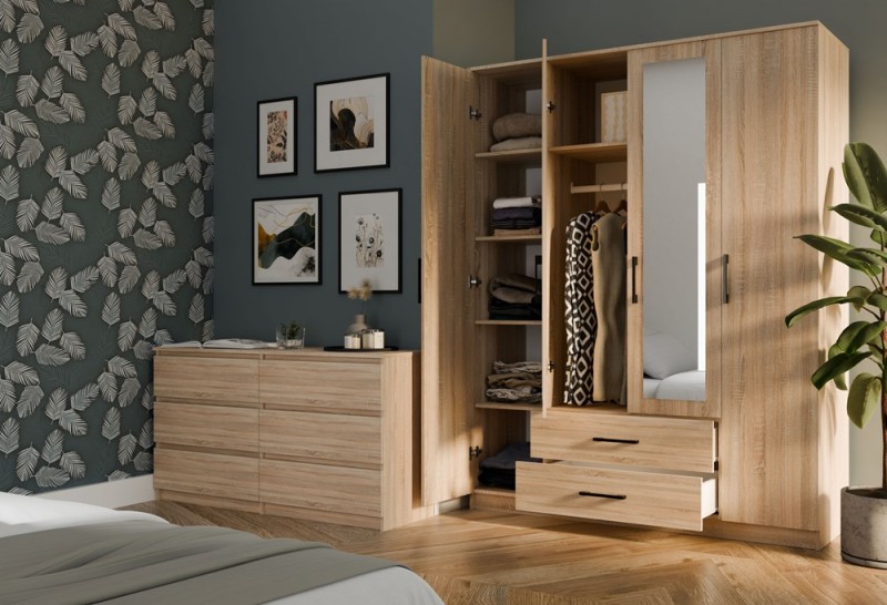 Szafa czterodrzwiowa Romana z lustrem i szufladami do sypialni 160 cm dąb sonoma