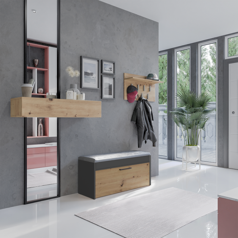 Szafka na buty Parma z siedziskiem i schowkiem 100 cm antracyt/dąb artisan