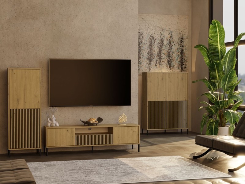 Szafka RTV Kamaro nowoczesna stojąca z lamelami ryflowana 160 cm dąb artisan