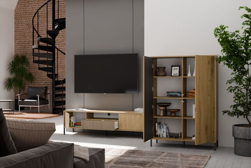 Szafka RTV Kamaro nowoczesna stojąca z lamelami ryflowana 160 cm dąb artisan