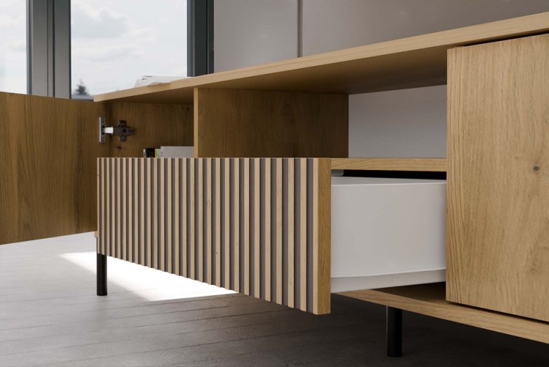 Szafka RTV Kamaro nowoczesna stojąca z lamelami ryflowana 160 cm dąb artisan