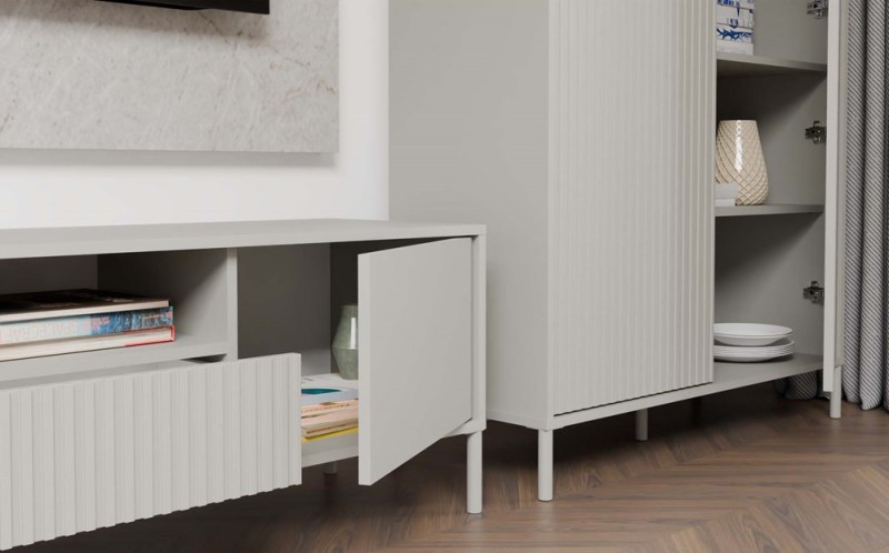 Szafka RTV Kamaro nowoczesna stojąca z lamelami ryflowana 160 cm kaszmir