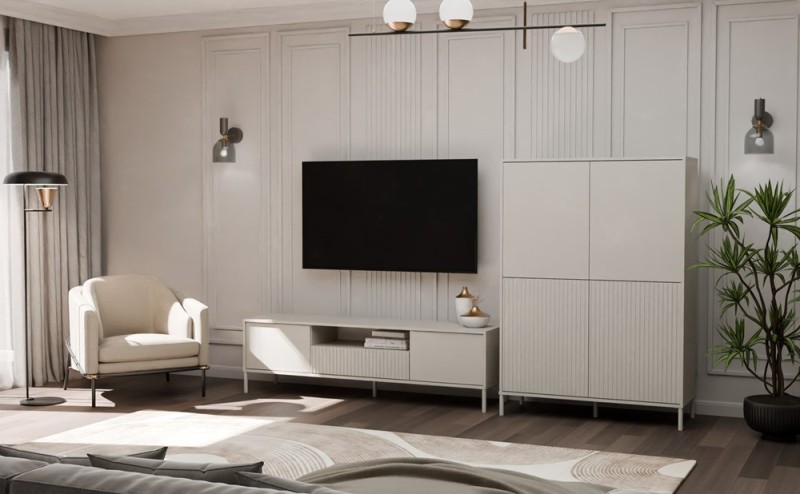 Szafka RTV Kamaro nowoczesna stojąca z lamelami ryflowana 160 cm kaszmir